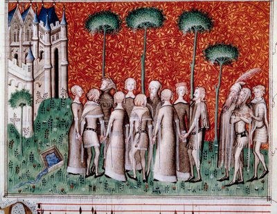 Machaut finder sin dame. Miniature fra et partitur i "Remede de Fortune"" (Folio 51) af Guillaume de Machaut (v. 1300-1377), omkring 1350-1355. af Unknown artist