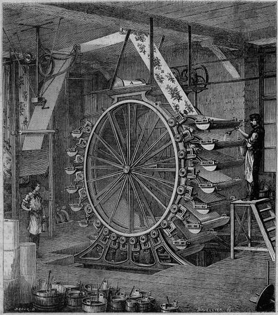 Maskintryk tapet i tyve farver. Indgravering i ""Industriens vidundere, eller beskrivelse af de vigtigste moderne industrier"" af Louis Figuier af Unknown artist