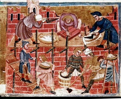 Macons og husbyggere. Miniature taget fra "" The Facts of the Romans""" Venedig fra det 13. århundrede, biblioteca Marciana af Unknown artist