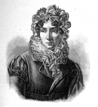 Madame de Genlis - Portræt af Stéphanie lykønsker Saint Aubins Crest (Saint-Aubin) (1746-1830), grevinde af Genlis, fransk kvinde med bogstaver. af Unknown artist