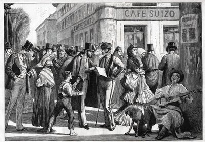 Madrid i 1873. Vandrere på hjørnet af Sevilla-gaden og Alcala-gaden. Stik fra 1873. af Unknown artist