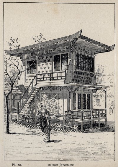 Japansk hus (japansk hus) - indgravering af 1889 i "History of human habitation at the Universal Exhibition of 1889, by Mr Charles GARNIER - Librairie centrale des beaux-arts Paris 1889 af Unknown artist