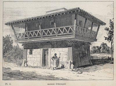Maison etrusque (etruskisk hus) - indgravering af 1889 i "History of human habitation at the Universal Exhibition of 1889, by Mr Charles GARNIER - Librairie centrale des beaux-arts Paris 1889 af Unknown artist