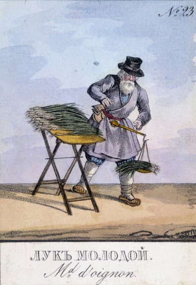 Mand, der vejer løg i en vægt, der hænger på hans bælte. Illustration af det 19. århundrede. Indgravering af det 19. århundrede af Unknown artist