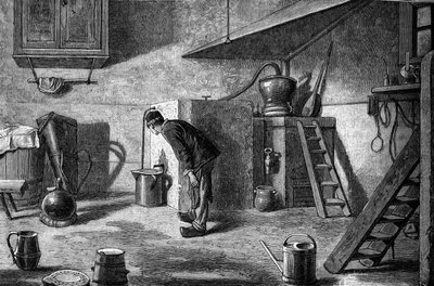 Fremstilling af kirsch: destillation, slottet Isenberg i Alsace. Gravering i "" Le Journal de la jeunesse"" af Unknown artist