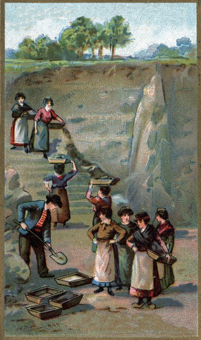 Fremstilling af porcelæn, kaolinbrud. Kromolitografi fra slutningen af det 19. århundrede af Unknown artist