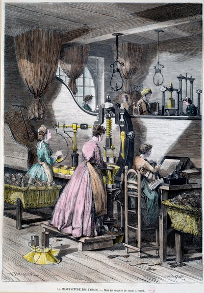 Fremstilling af tobak, emballering af tobak til rygning. Litografi af Paris 1867, Musee Carnavalet af Unknown artist