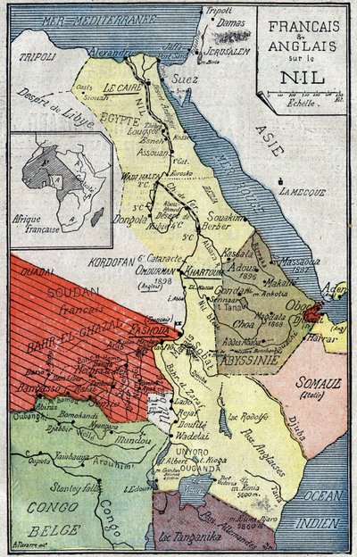 Kort over afrikanske territorier koloniseret af franskmænd og englændere langs Nilen. Illustration i "" Le Pelerin"" af 2. oktober af Unknown artist