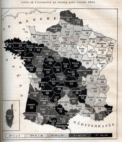 Kort over uvidenhed i Frankrig i 1865 - af Unknown artist