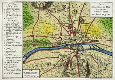 Kort over byen Paris under Louis Le Jeunes regeringstid (Louis VII 1120-1180) Kongen af francs, gravering 1800-tallet af Unknown artist