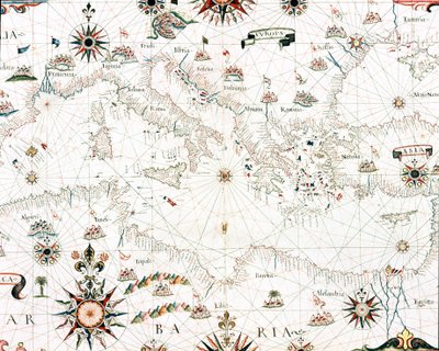 Kort over Middelhavet og kystlinjen (Detalje af portulan af Castellini af Unknown artist