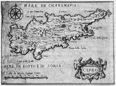 Kort over øen Cypern (cypern) i 1587 i "" Jerusalems mest hengivne rejse ". af Unknown artist