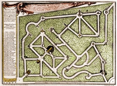 Kort over labyrinten i parken ved slottet i Versailles, skabt af Andre Le Notre (1613-1700). Indgravering i "" La Nature. Revue des sciences et de ses applications aux arts et a l