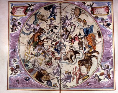 Kort over himlen og stjernetegn - faksimile af en gammel komposition, der repræsenterer stjernebillederne på den nordlige himmel, ifølge "Harmonia Macrocosmica" af André Cellarius af Unknown artist