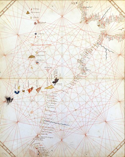 Kort over Gibraltar, Marokko og De Kanariske Øer. Portulan fra det 15. århundrede. af Unknown artist