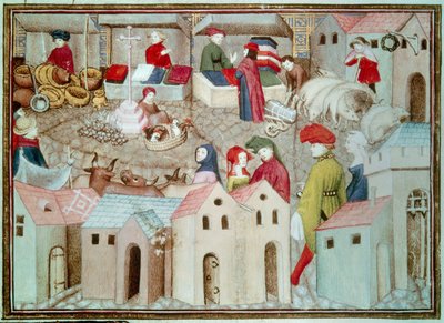 Marche de Champeaux i Paris Betail- og fjerkræhandlere, drapere. Miniature taget fra "The Wandering Knight" af Thomas de Saluces (Tommaso III di Saluzzo), omkring 1403-1404. Paris, B.N. af Unknown artist