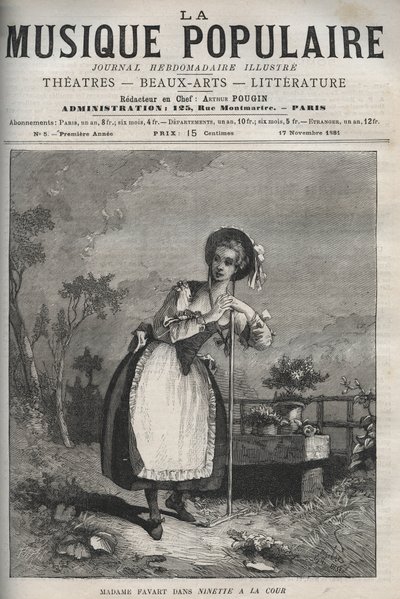 Marie Justine Benoite Duronceray (Madame Favart) i "" Ninette a la cour ou le Caprice amour"" - komedie i tre akter og vers, nærkampe, af Charles Simon (Charles-Simon) Favart - indgravering i "La musique populaire ””” - illustreret ugeavis af Unknown artist