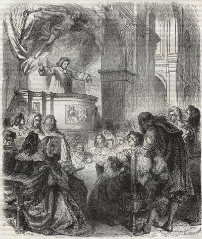 Marie de Rabutin-Chantal (Rabutin Chantal), markisen af Sevigne kendt som Madame de Sevigne (1626-1696), lyt til Louis Bourdaloue (1632-1704) fransk ved jesuiternes kirke, Saint-Louis i Paris - gravering af 1866 af Unknown artist
