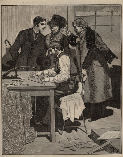 Intarsia: Intarsia har arbejdet. Indgravering fra 1885 i "" Les arts et metiers illustres"" af Adolphe BITARD. af Unknown artist