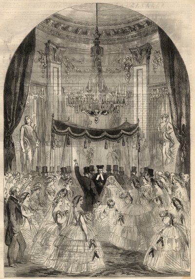 Ægteskab mellem Baron Alphonse de Rothschild (1827-1905) og Leonora de Rotschild (1837-1911). Maria lærte at smide en drink på gulvet, den sidste fase af et jødisk ægteskab kaldet det "knuste glas". Indgravering i "" The Illustrated London News "" fra mart af Unknown artist