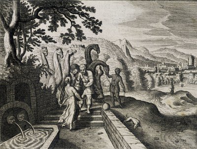 Ægteskab mellem Isaac og Rebecca. Indgravering fra en bibel fra det 17. århundrede. af Unknown artist