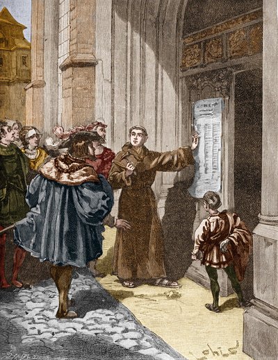 Martin Luther (1483-1546) hænger sine 95 teser i Wittenberg af Unknown artist
