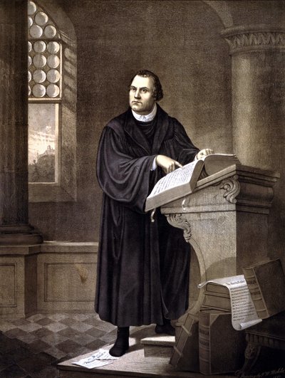 Martin Luther (1483 - 1546) læser i en kirke. af Unknown artist