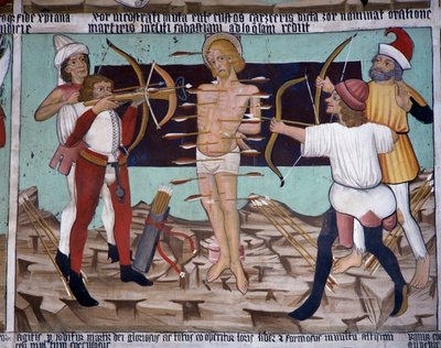 Sankt Sebastians martyrium, Sankt Sebastians liv (1400-tallet), fresker, Sankt Sebastians kapel, Villard-de-Lans, Rhone-Alpes, Frankrig. af Unknown artist