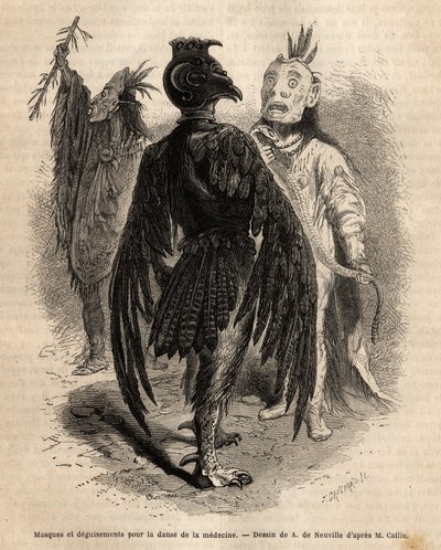 Masker og forklædninger til medicinens dans blandt Naya-indianerne. Gravering til illustration af en udflugt blandt indianerstammerne i bassinerne i Colombia og Upper Missouri, af G. Catlin, i 1855, udgivet i "" le tour du monde"", under ledelse af Unknown artist