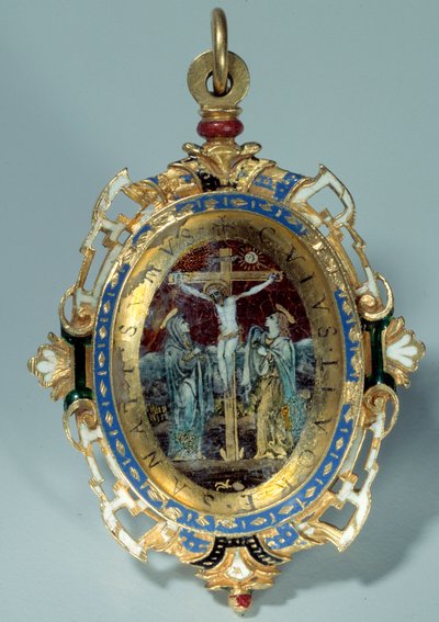 Medaljon i e-mail på rund guldbule dekorerer korsfæstelse og flugt til Egypten. Debut af det 16. århundrede Sun. h. 7 cm. Paris. Louvre-museet af Unknown artist