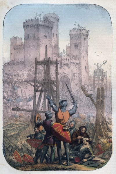 Middelalderliv - Angreb og forsvar af et slot - indgravering fra "" Skikke og skikke for alle folk i universet. Det vil sige historien om regeringen, lovene, militsen, om alle nationers religion fra de fjerneste tider til i dag "185 af Unknown artist