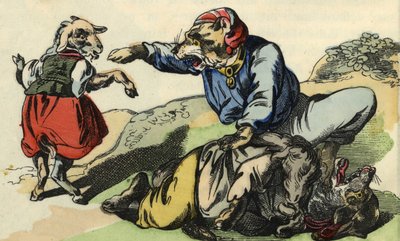 Medor redder Lille Kok fra ulven. Illustration af fortællingen "Bon medor og Lille Chevrette". I “”Fortællinger fra hjemmet for de mindste””. Anonym gravering af det 19. århundrede. af Unknown artist