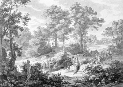 Møde mellem Ulysses, der lå ved en flod, og Nausicaa. Stik fra slutningen af 1800-tallet. af Unknown artist