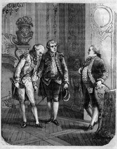 Møde mellem greven af ​​Marbeuf, udnævnt til militærguvernør på Korsika i 1772 og Pascal (Pasquale) Paoli. I "" Pasquale Paoli eller Pontenuovo-ruten "" "af F.D. Guerrazzi. 1872. af Unknown artist
