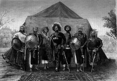Menelik II (1844-1913), konge af Etiopien, omringer sine hærchefer. Indgravering i ""The Diary of Youth"" af Unknown artist