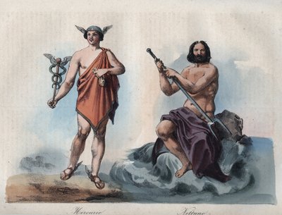 Mercurius (Hermes) og Neptun (Poseidon) - gravering fra "" Skikke og traditioner for alle folk i universet. Det vil sige historien om regeringen, lovene, militsen, om alle nationers religion fra de fjerneste tider til i dag "1856 af Unknown artist