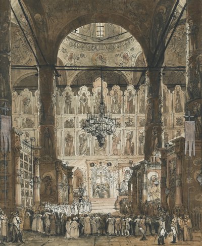 ""Messe ved Dormition-katedralen i Moskva Kreml, Rusland"" (Messe ved Dormition-katedralen i Moskva Kreml) Anonym gouache omkring 1850 Privat samling af Unknown artist