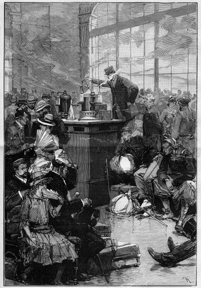 Foranstaltning truffet mod den udbredte koleraepidemi i Toulon: Desinfektionsrummet på Gare de Lyon, Paris. Indgravering i ""The Illustrious World"" af Unknown artist