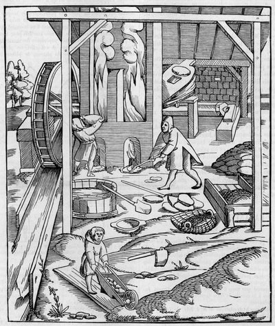 Metalovnsblæser drevet af en hydraulisk motor. Fac simile (Fac-simile) af en gravering udgivet i "" Cosmographie"" (1555) af Sebastien Munster. Indgravering i "" La Nature: revue des sciences et de leurs applications aux arts et a l