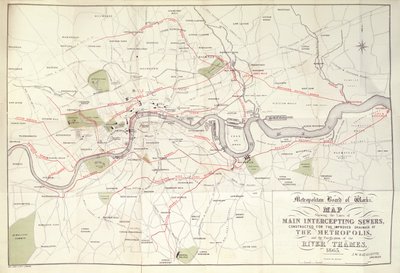 Metropolitan Board of Works-kort over Bazalgettes plan for linjerne i hovedafskærende kloakker, bygget til den forbedrede dræning af metropolen af Unknown artist