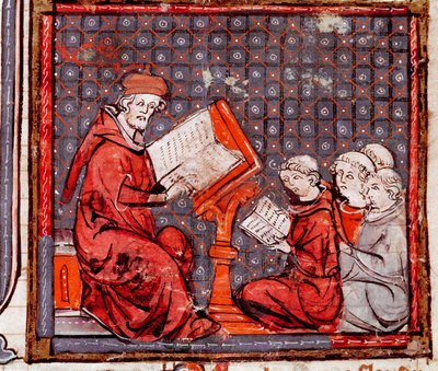 Middelalder: "" En klasse af filosofi, læreren og hans elever""" Miniature taget fra "" Grandes Chronicles de France"" 1375-1379 kommunale bibliotek, Castres af Unknown artist