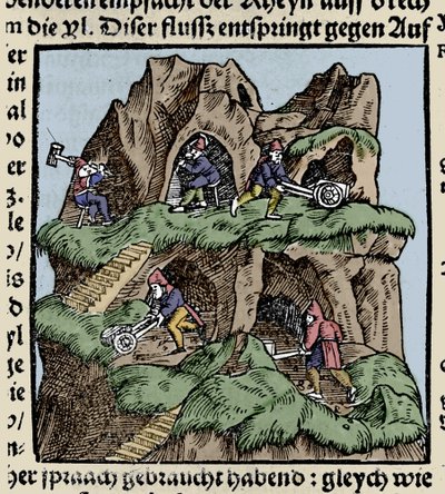 Miner i det 15. århundrede. Stik fra Johann Stumpffs "Den Edlen Strength Besten Fromen". begyndelsen af det 16. århundrede. af Unknown artist
