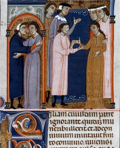 Miniatureforlovelsesceremoni taget fra "Decret de Gratien"" ("Concordia discordantium canonum" eller "Decretum Gratiani"), der stammer fra 1140 og regulerer den romersk-katolske kirkes love og kanoner. 1300-tallets Cesena Biblioteca malatestiana af Unknown artist