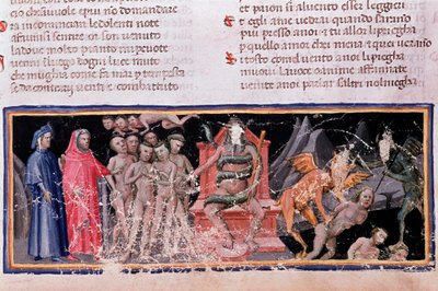 Minos dømmer overtrædelserne og sender sjælene (sang 5 af Helvede, i den guddommelige komedie) - miniature af Unknown artist