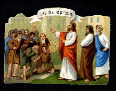 Jesu mirakler. Kristus, der fører de spedalske. 1800-tallets kromolitografi. af Unknown artist