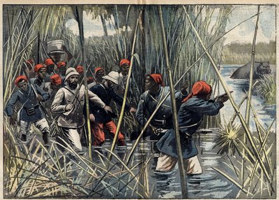 Mission Marchand (1896-1899) til Fachoda (Sudan): den franske kaptajn Baratier (1864-1917) og hans tropper rykker frem gennem marsken mod Fachoda. (Ifølge kaptajn Baratiers logbog). Illustration i "" Le Pelerin"" af 6. november af Unknown artist