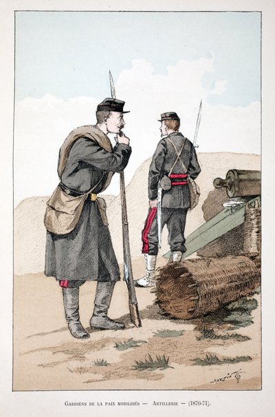 Mobiliserede fredsbevarende styrker (1870-1871). Radering i farver, til illustration "" Historien om korpset af fredsbevarende styrker""" bog udgivet i regi af Louis Lepine (1846-1933), præfekt for politiet på Seinen, af Alfred Rey (1864-?) og Louis Feron af Unknown artist