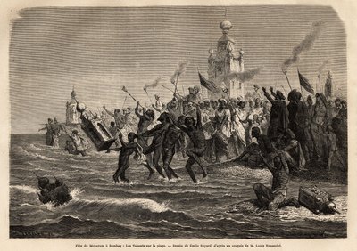 Moharum-festival, der fejres i begyndelsen af året af det islamiske samfund i Indien, efter at have lavet tabuer, gyldne papirtempler, der efterligner imamernes grave, og efter at have passeret dem gennem gaderne, kastes tabuerne i havet. Engrav af Unknown artist