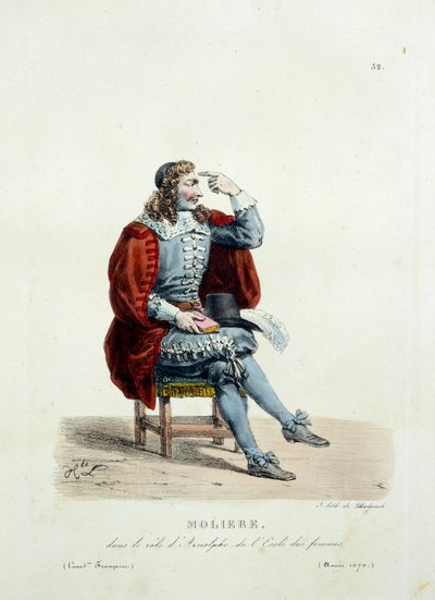 Molieres kostume i rollen som Arnolphe i stykket "Kvindernes skole"" i 1670. Kostume af fransk komedie af Hippolyte Lecomte (1781-1857). Indgravering af det 19. århundrede. Saml. Lad os gå. af Unknown artist