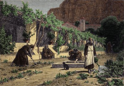 Klosterets køkkenhave: munke have til at dyrke grøntsager i deres have. Indgravering af det 19. århundrede af Unknown artist